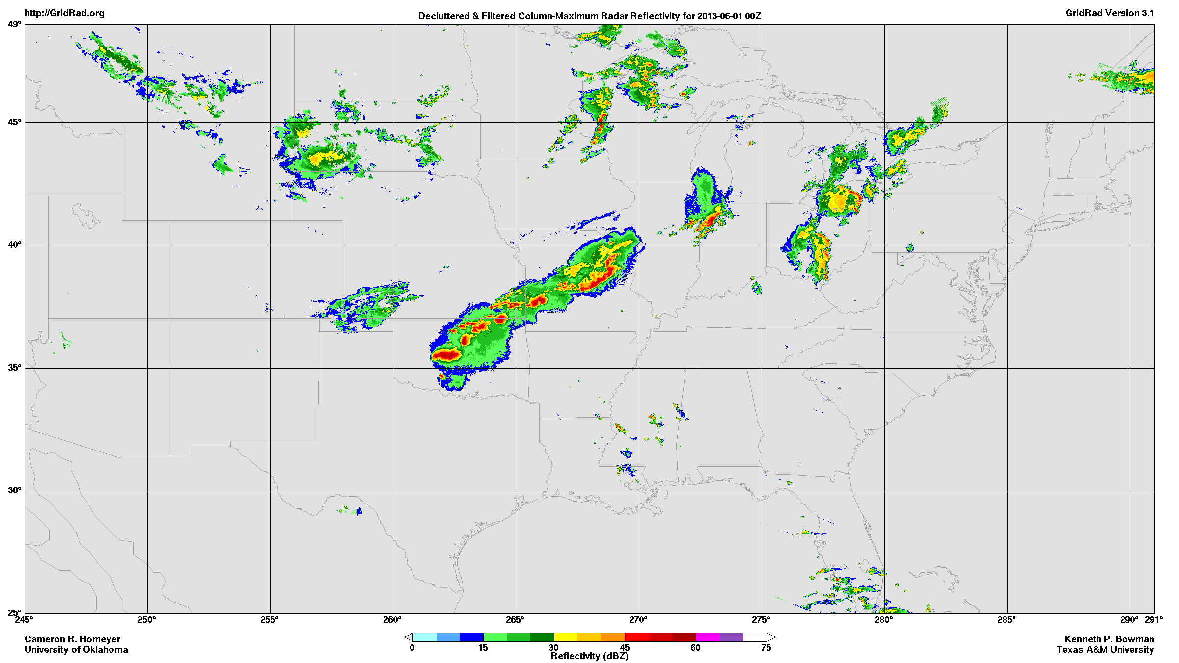 This image is an example of a radar reflectivity map created using GridRad data.