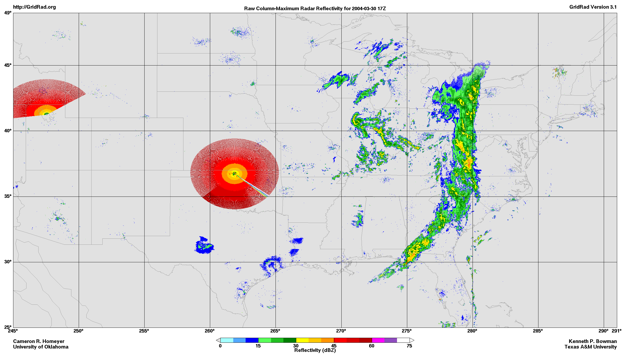 This image is an example of a radar reflectivity map created using GridRad data.